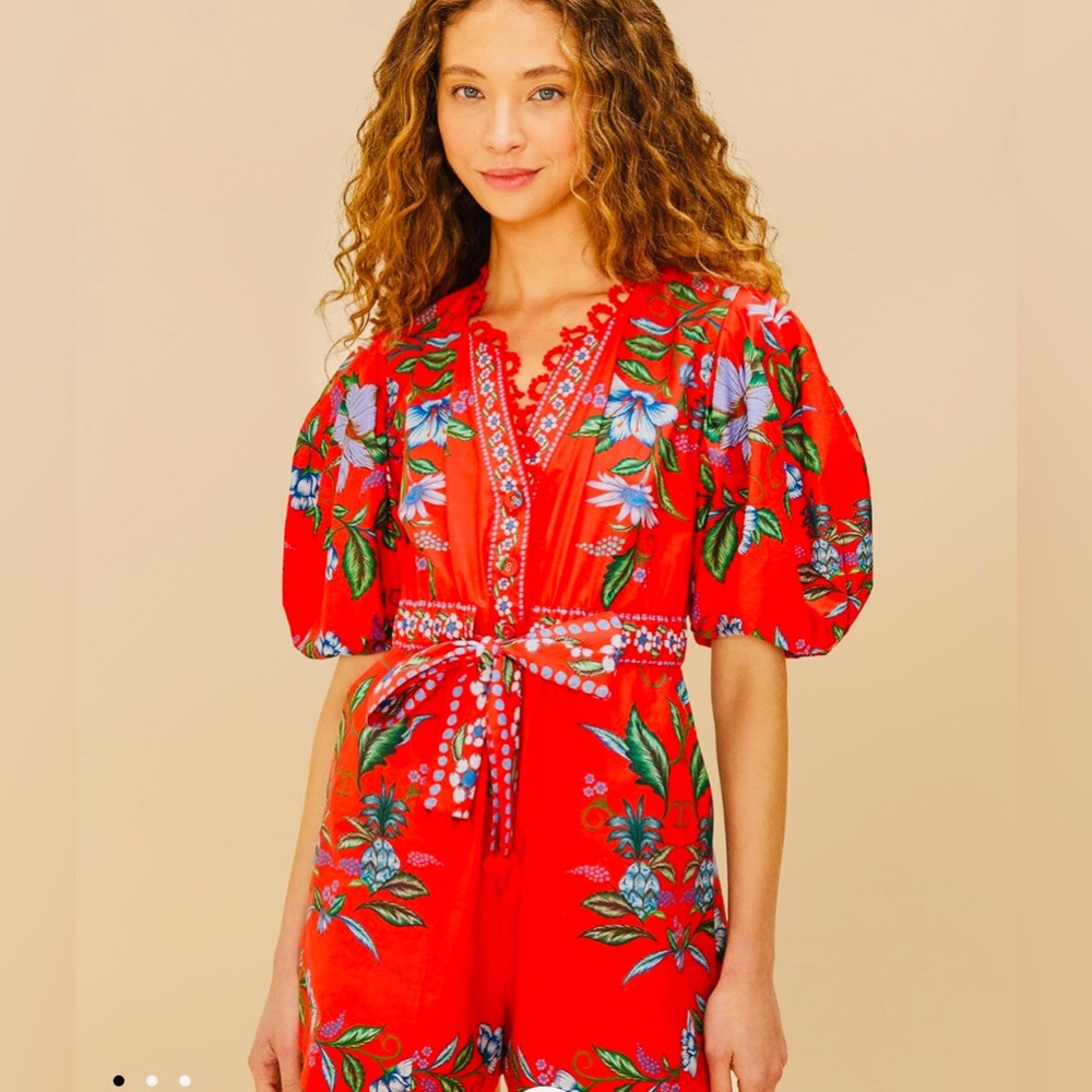 NWT Farm Rio Sweet Bloom Bouquet Floral Puff-Sleeve Romper Anthropologie